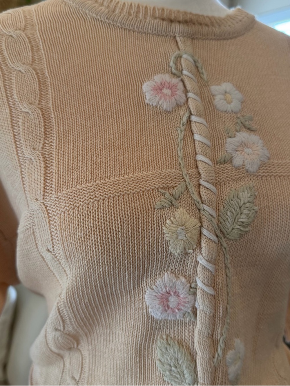 Vintage Artsy Boho Cottagecore Ramie Cotton Floral Grandma Embroidered Sweater - Picture 4 of 11